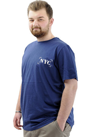 Mode XL Büyük Beden Erkek Tişört Baskılı Pamuklu Bisiklet Yaka T-Shirt NYC U24068 İndigo