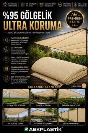 100 x 500 cm Tüm Ölçüler Montaja Hazır %95 Krem Gölgelik - Çit Filesi - Şerit Kolon Fitil + Kuş Gözü