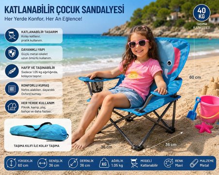 Katlanabilir Çocuk Kamp ve Plaj Sandalyesi Fil Desenli Mavi Taşıma Kılıflı 40 Kg Taşıma Kapasiteli