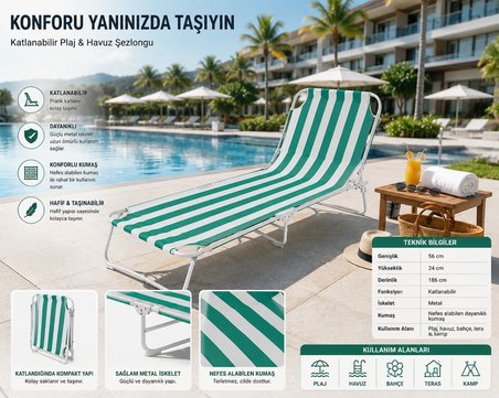 Katlanabilir Plaj Şezlongu 186x56 cm Metal İskeletli Taşınabilir Güneşlenme Yatağı Havuz Bahçe Kamp Şezlongu