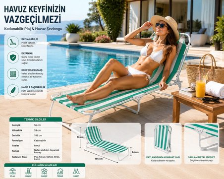 Katlanabilir Plaj Şezlongu 186x56 cm Metal İskeletli Taşınabilir Güneşlenme Yatağı Havuz Bahçe Kamp Şezlongu