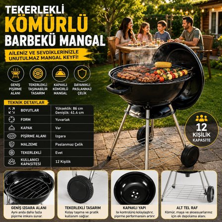 Tekerlekli Kömürlü Barbekü Mangal – Kapaklı, Paslanmaz Çelik, 12 Kişilik Bahçe ve Piknik Mangalı