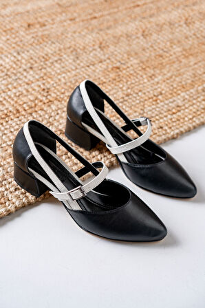 Cedric Siyah Cilt - Beyaz Crocodile Detaylı Alçak Topuklu Kadın Ayakkabı