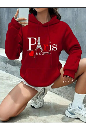 Paris Jet Avme Baskılı Kapüşonlu Cepli Sweatshirt