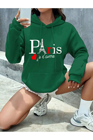 Paris Jet Avme Baskılı Kapüşonlu Cepli Sweatshirt