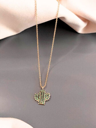 GOLD YEŞİL ZİRKON TAŞ KAKTÜS FİGÜR KOLYE-KOL141