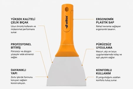 Eltos Saptak Spatula, Çelik Uçlu Spatula, Ergonomik Plastik Saplı, Dayanıklı Güçlü Yapı, Alçı, Boya, Macun Uygulama Malası, İnşaat, Hırdavat, Profesyonel El Aleti (80 mm)