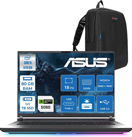 Asus Rog Strix G18 G815JMR Intel Core I9 14900HX 80GB 1tb+1tb SSD 8GB/RTX5060 115W Gddr7 18" 2.5k (2560 x 1600, Wqxga) 240Hz 3ms Freedos Taşınabilir Bilgisayar ZS9035F36+ZETTAÇANTA