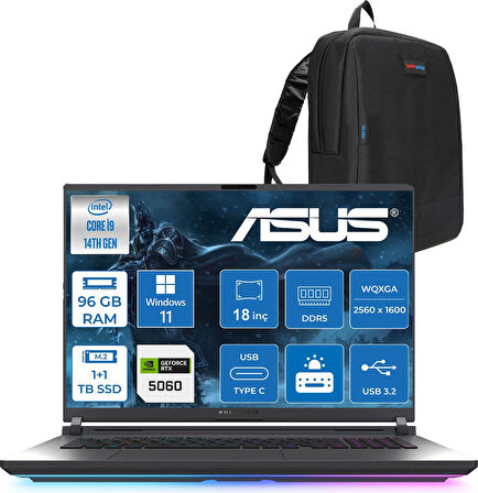Asus Rog Strix G18 G815JMR Intel Core I9 14900HX 96GB 1tb Ssd+1tbssd 8GB/RTX5060 115W Gddr7 18" 2.5k (2560 x 1600, Wqxga) 240Hz 3ms Windows 11 Pro Taşınabilir BilgisayarZS9035P44+ZETTAÇANTA
