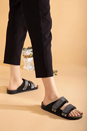 Kadın Comfort Esnek Ayarlanabilir Pırlanta Cırt Şık Anatomik  Rahat Günlük Sandalet Terlik