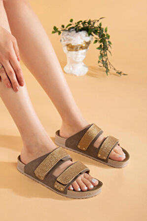 Kadın Comfort Esnek Ayarlanabilir Pırlanta Cırt Şık Anatomik  Rahat Günlük Sandalet Terlik