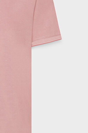 Erkek Çekmeyen Pamuklu Kumaş Slim Fit Dar Kesim Pembe-Beyaz Kıvrılmaz Polo Yaka Tişört