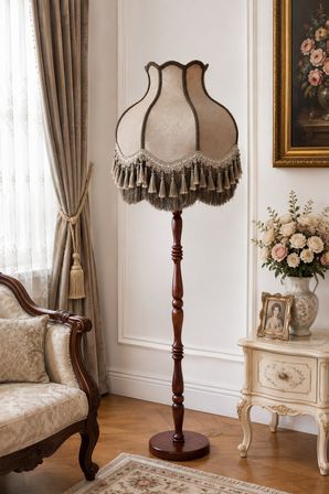 Vizon Kadife Başlık Koyu Vizon Süsleme Ahşap Ayaklı Lambader Vintage Prime Model 170x45cm