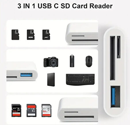 Usb Type-C To SD Micro SD TF Kart Okuyucu ve USB Çevirici 3 in 1 Dönüştürücü Adaptör
