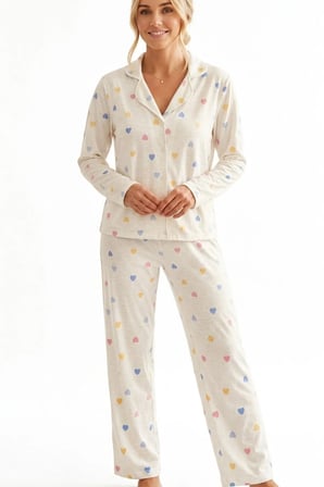Aura Collections Kalp Desenli Milano Örme Gömlek Yaka Pijama Takımı Ekru 2XL