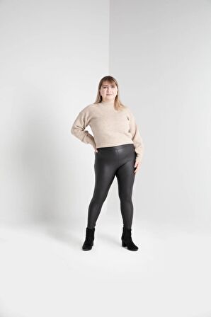 Kömür - Dışı Mat Deri Içi Polarlı Yıkanabilir Düz 7/8 Boy Siyah Tayt - 20013