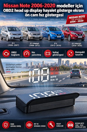 Nissan Note 2006-2020 modeller için OBD2 head up display hayalet gösterge ekranı ön cam hız göstergesi