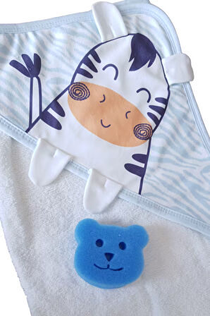 Mavi Zebra Desenli Havlu Bornoz Set&Takım (Lif Hediyeli)