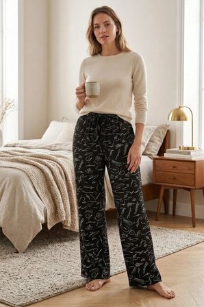 Kadın Viskon Pijama Altı Desenli Geniş Paça Bağcıklı Bel
