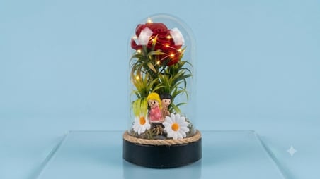 Işıklı Gül ve Mini Figürlü Cam Fanus Sevgililer Günü ve Doğum Günü Hediyelik Ledli Fanus (mika teraryum)