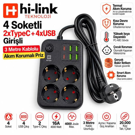 hi-link 4 Soketli 2xType-C +4xUSB Girişli 3 Metre Kablolu Akım Korumalı Priz