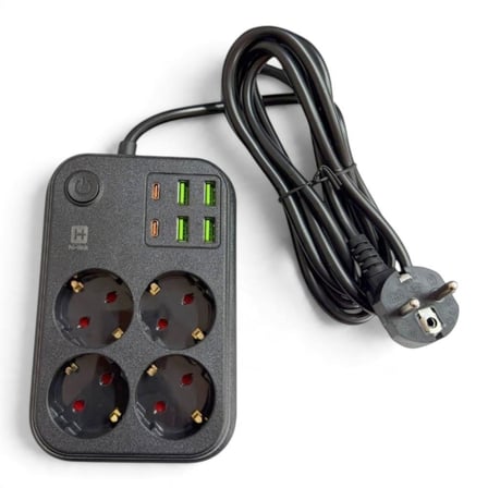 hi-link 4 Soketli 2xType-C +4xUSB Girişli 3 Metre Kablolu Akım Korumalı Priz