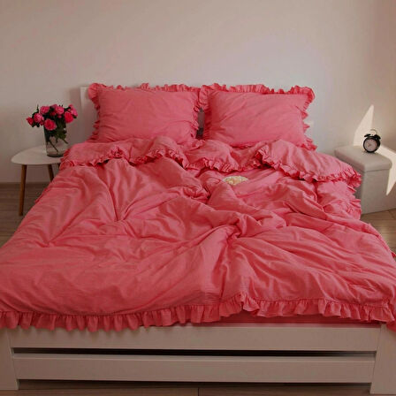 Maki Home %100 Pamuklu Fırfırlı Fuşya 200x220+2*(50x70) Çift Kişilik Nevresim ve Yastık Kılıfı Seti