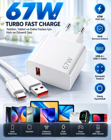 Bowie 67W'a Kadar Turbo Hızlı Şarj Aleti USB-A - USB-C Kablo iPad 10. Nesil İçin Uyumlu