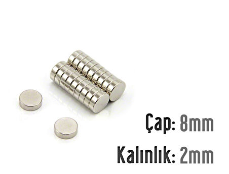 Neodyum Mıknatıs Silindir Çap 8mm , Kalınlık 2mm   ( 10 Adet)