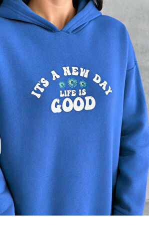 Saks Mavisi Kapşonlu Baskılı İçi Polarlı Sweatshirt