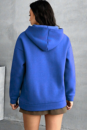 Saks Mavisi Kapşonlu Baskılı İçi Polarlı Sweatshirt