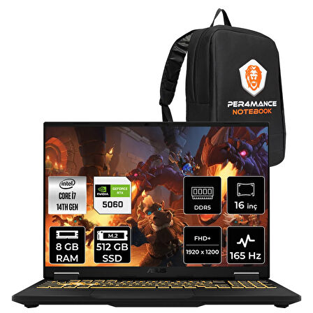 Asus TUF F16 i7 14650HX 8GB 512GB SSD RTX5060/8GB 115W 165Hz 16'' WUXGA FDOS Gaming Laptop FX608JMR