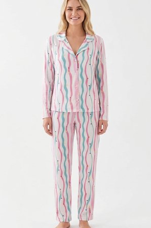 Çizgili Milano Örme Önden Düğmeli Gömlek Yaka Uzun Kollu Pijama Takımı