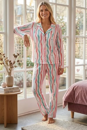 Çizgili Milano Örme Önden Düğmeli Gömlek Yaka Uzun Kollu Pijama Takımı