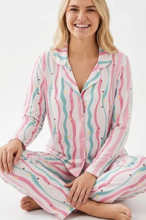 Çizgili Milano Örme Önden Düğmeli Gömlek Yaka Uzun Kollu Pijama Takımı