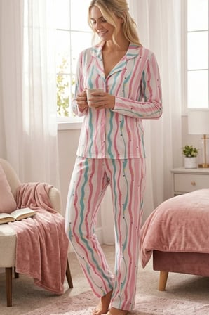 Çizgili Milano Örme Önden Düğmeli Gömlek Yaka Uzun Kollu Pijama Takımı