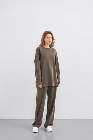 HAKİ Kadın Tencel Karışımlı Yumuşak Dokulu Nervürlü Bol Paça Basic Alt-Üst Takım