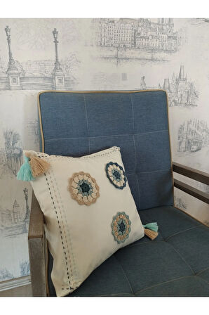 Örgü Motifli Yastık - Mavi - Organik & El Yapımı