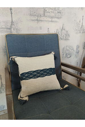 Örgü Yastık - Lacivert & Bej - Organik & El Yapımı