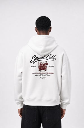 Erkek Served Cold Baskılı Oversize Hoodie Ekru