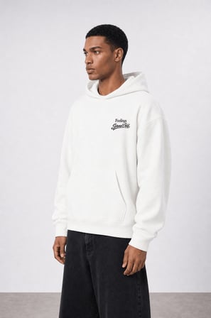 Erkek Served Cold Baskılı Oversize Hoodie Ekru