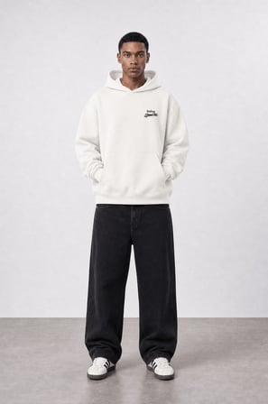 Erkek Served Cold Baskılı Oversize Hoodie Ekru