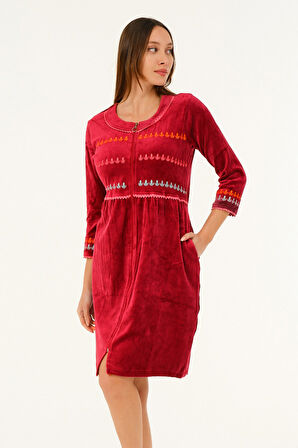 Fermuarlı Cepli Nakış Detaylı Kadife Pamuklu Elbise