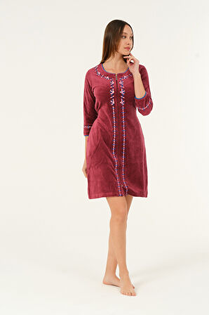 Bordo Kısa Kollu Nakış Detaylı Kadife Pamuklu Elbise