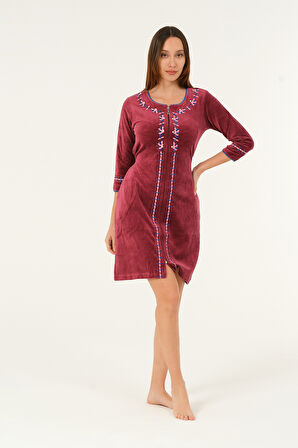 Bordo Kısa Kollu Nakış Detaylı Kadife Pamuklu Elbise