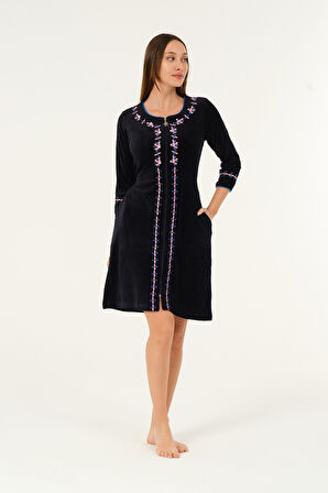 Lacivert Kısa Kollu Nakış Detaylı Kadife Pamuklu Elbise