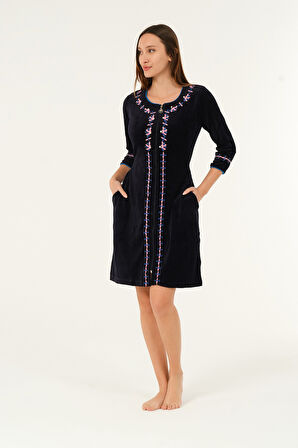 Lacivert Kısa Kollu Nakış Detaylı Kadife Pamuklu Elbise