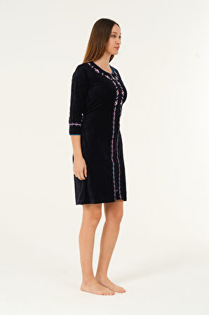 Lacivert Kısa Kollu Nakış Detaylı Kadife Pamuklu Elbise