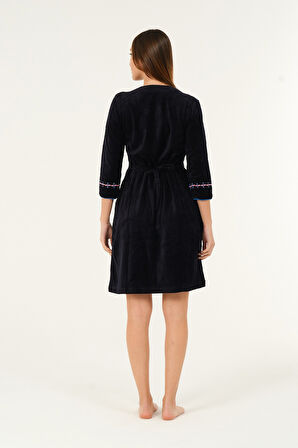 Lacivert Kısa Kollu Nakış Detaylı Kadife Pamuklu Elbise