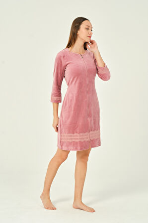 kadın fermuarlı dantel detaylı 3/4 kol pamuklu kadife elbise